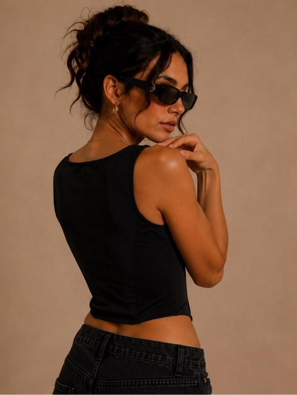 Black Graphic Square-Neck Corset Tank Top - Picture 4 of 5